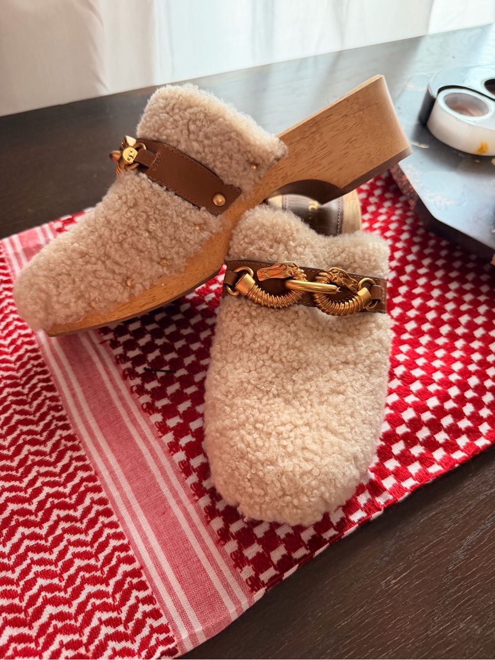 Tory Burch Cream Shearling Jessa Clog Mules with Gold Chain & Tan Leather Trim